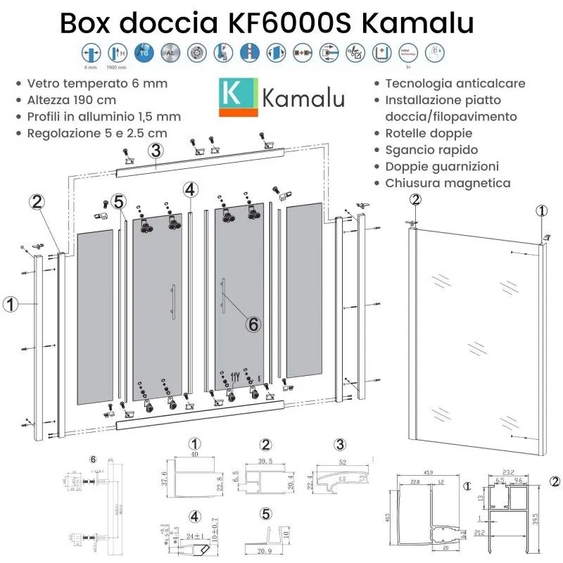 Kamalu - Cabina doccia 90x200 vetro satinato apertura scorrevole | KF6000S