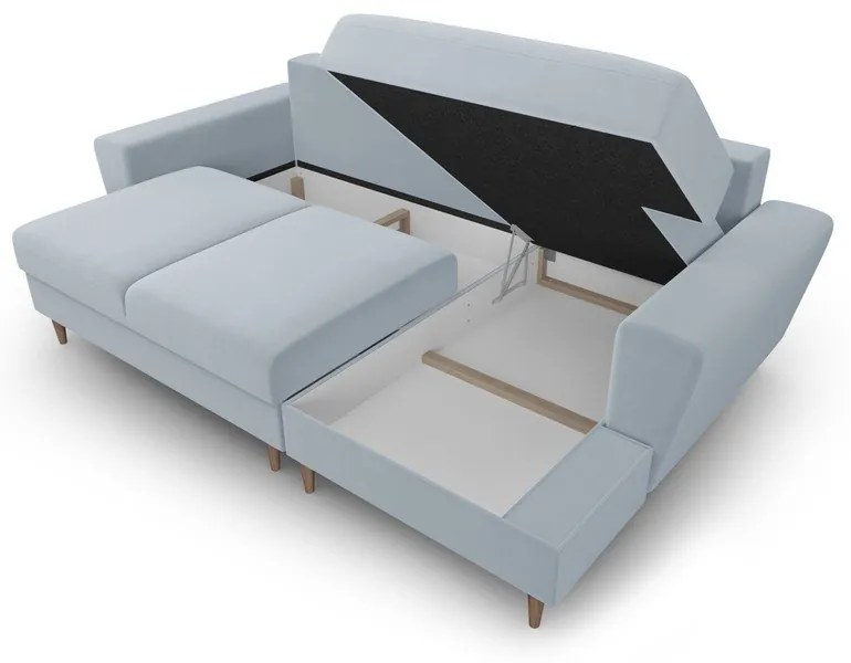 Divano angolare azzurro allungabile e con contenitore (con penisola a destra/con chaise lounge) con rivestimento in velluto Kyoto – Cosmopolitan Design