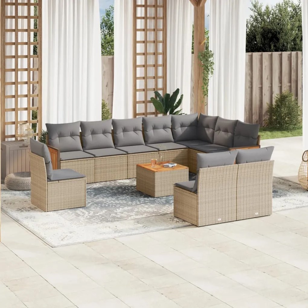 Set divani da giardino 11 pz con cuscini beige in polyrattan