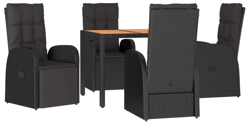 Set da pranzo da giardino 5 pz nero con cuscini in polyrattan