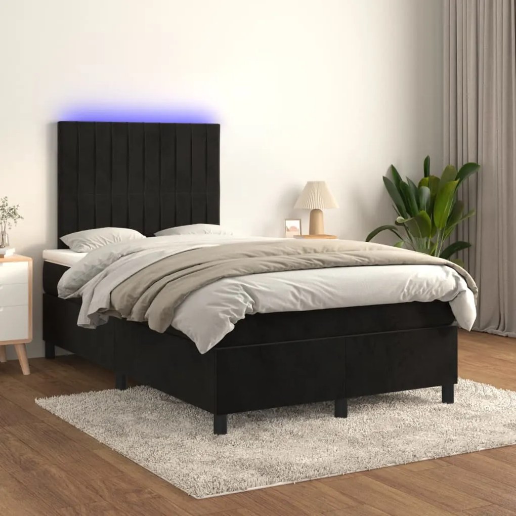 Letto a molle con materasso e led nero 120x200 cm in velluto