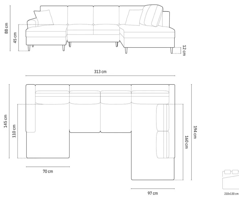 Divano angolare blu allungabile e con contenitore (con penisola a destra/a U) con rivestimento in velluto Kyoto – Cosmopolitan Design