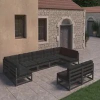 Set Divani da Giardino 9 pz con Cuscini Massello di Pino Nero 3077218