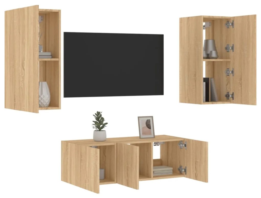 Mobili Tv A Muro Con Led 4pz Rovere Sonoma Legno Multistrato /