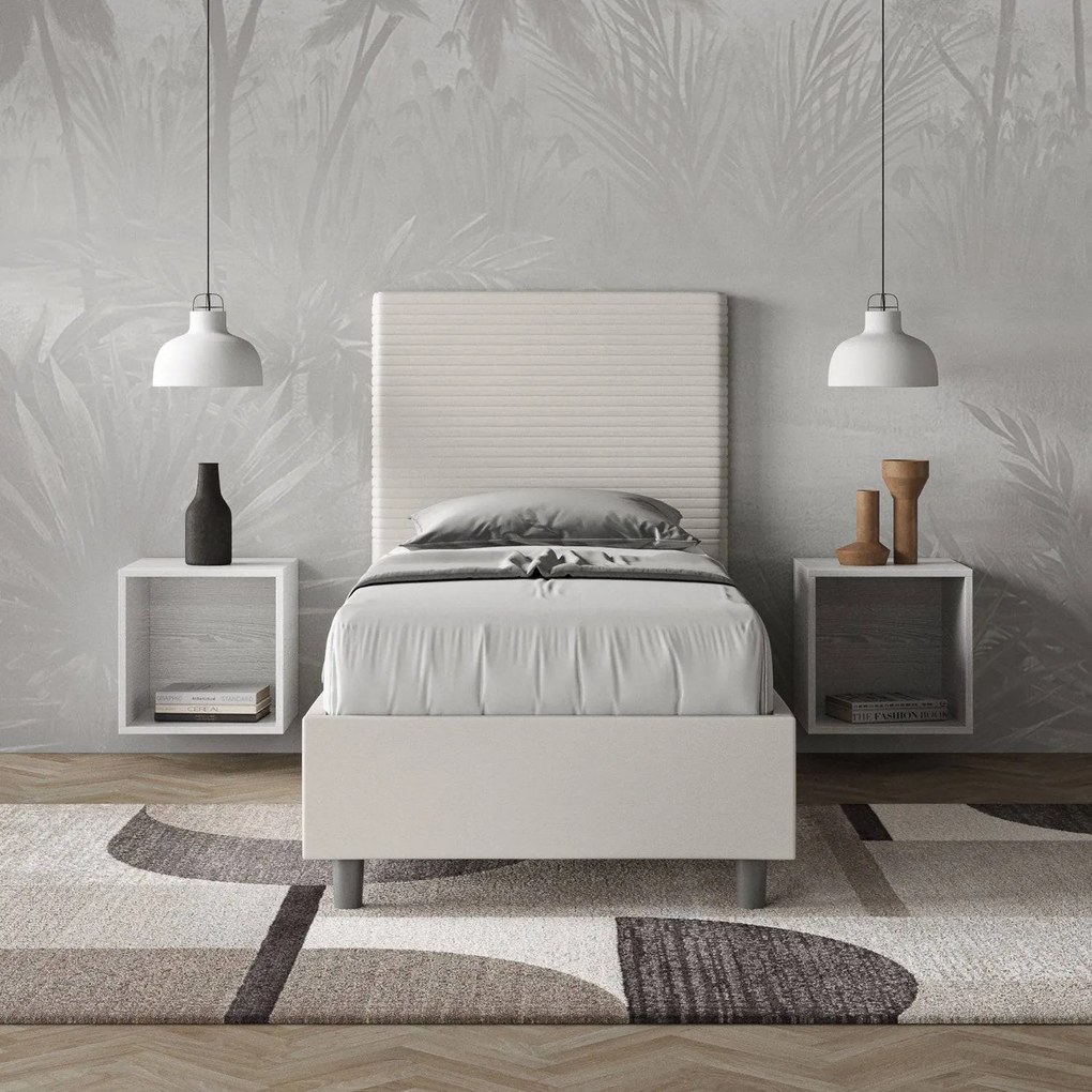 Letto singolo senza rete, con rete e contenitore imbottito similpelle Focus, Bianco / Con Rete