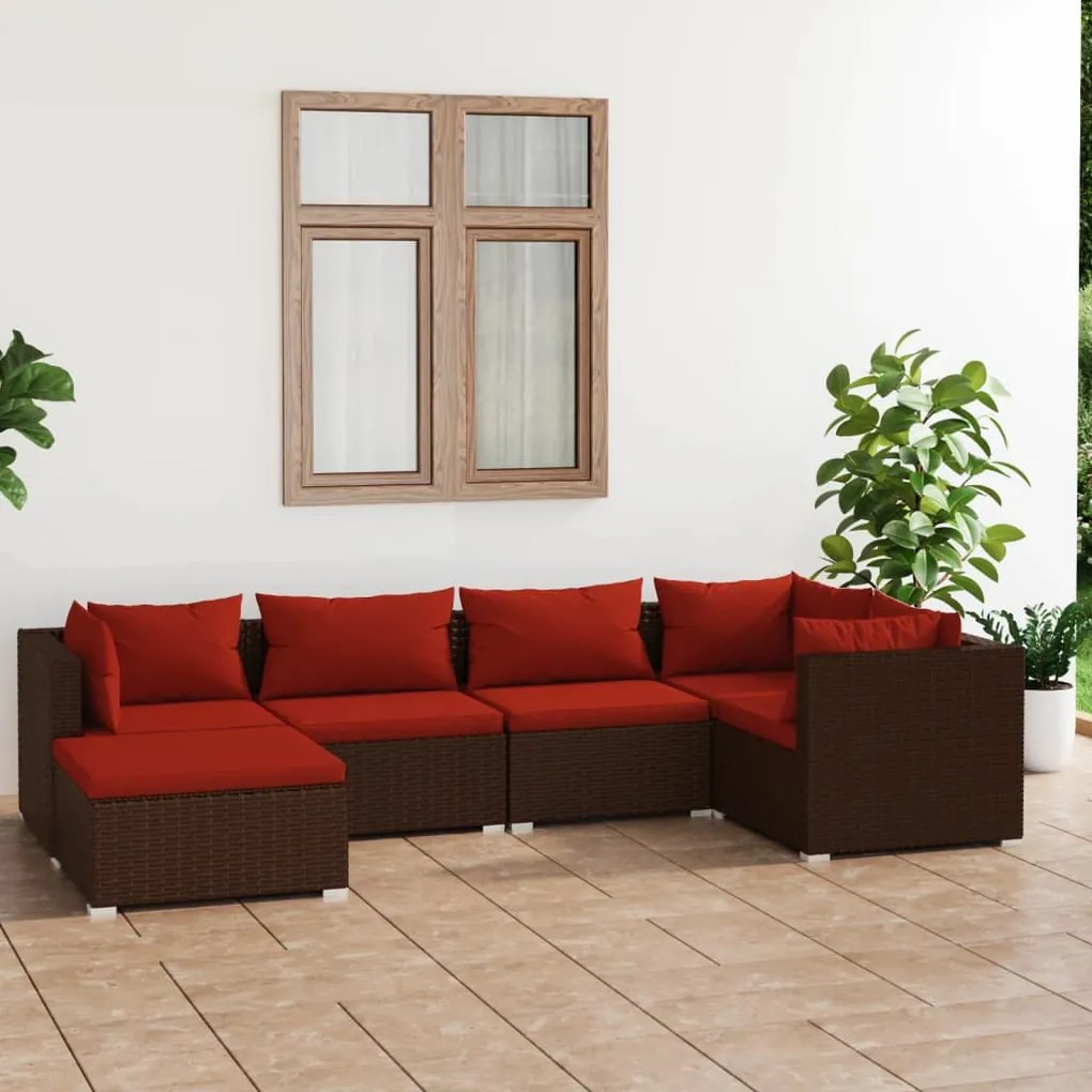 Set divani da giardino 6 pz con cuscini in polyrattan marrone