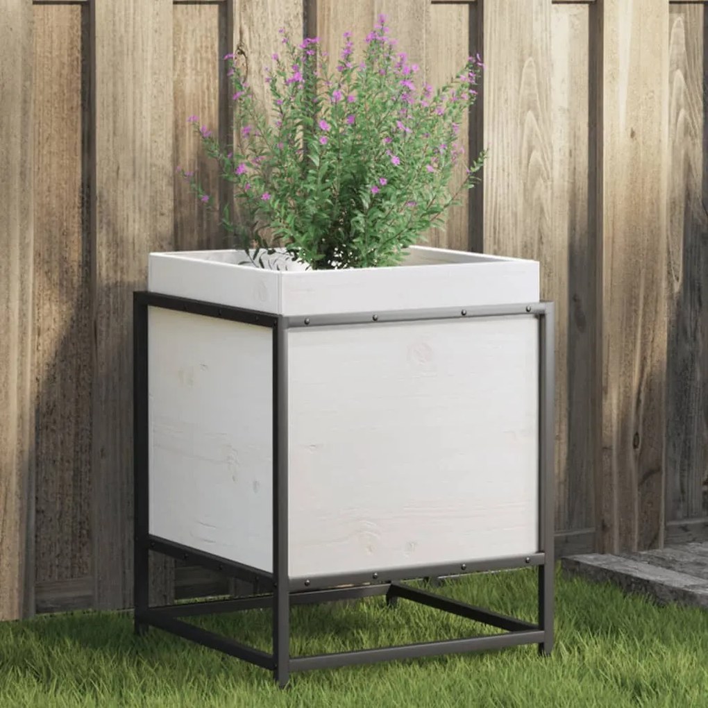 Fioriera Da Giardino Bianca 40x40x50 Cm Legno Massello Di Pino /