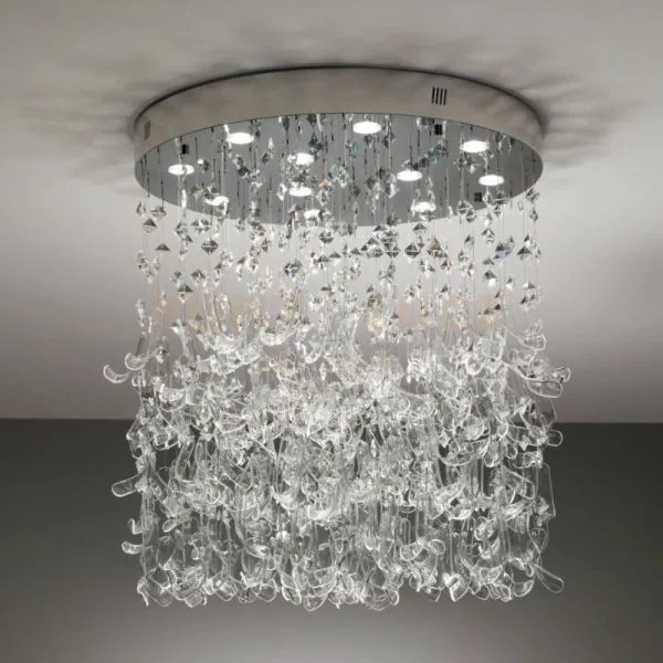 Cascata sospensione, piastra da soffitto in cromo, vetro trasparent...