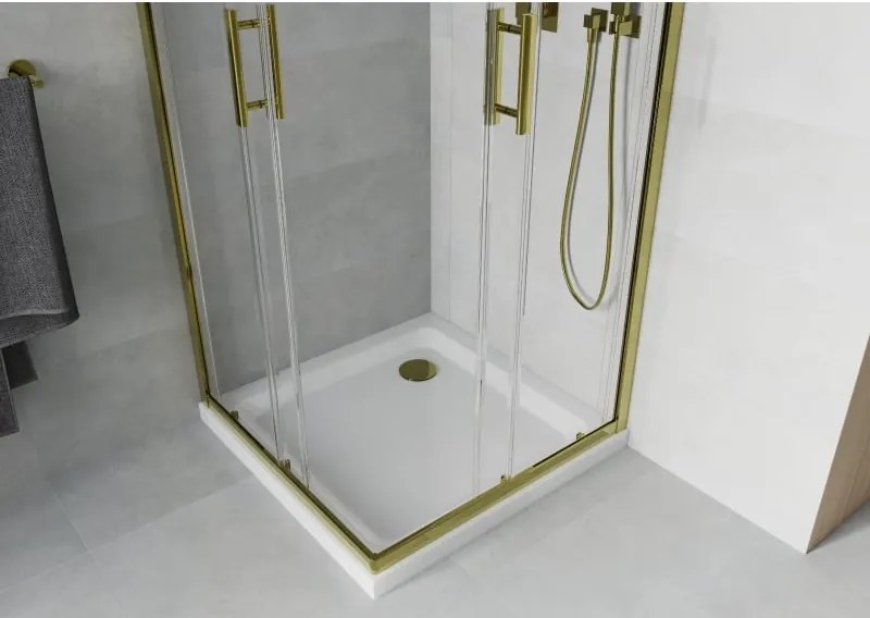 Mexen Rio cabina doccia quadrata 90 x 90 cm, trasparente, oro + piatto Flat, bianco - 860-090-090-50-00-4010G