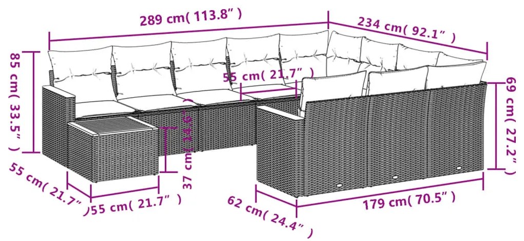 Set divani da giardino 11 pz con cuscini in polyrattan nero