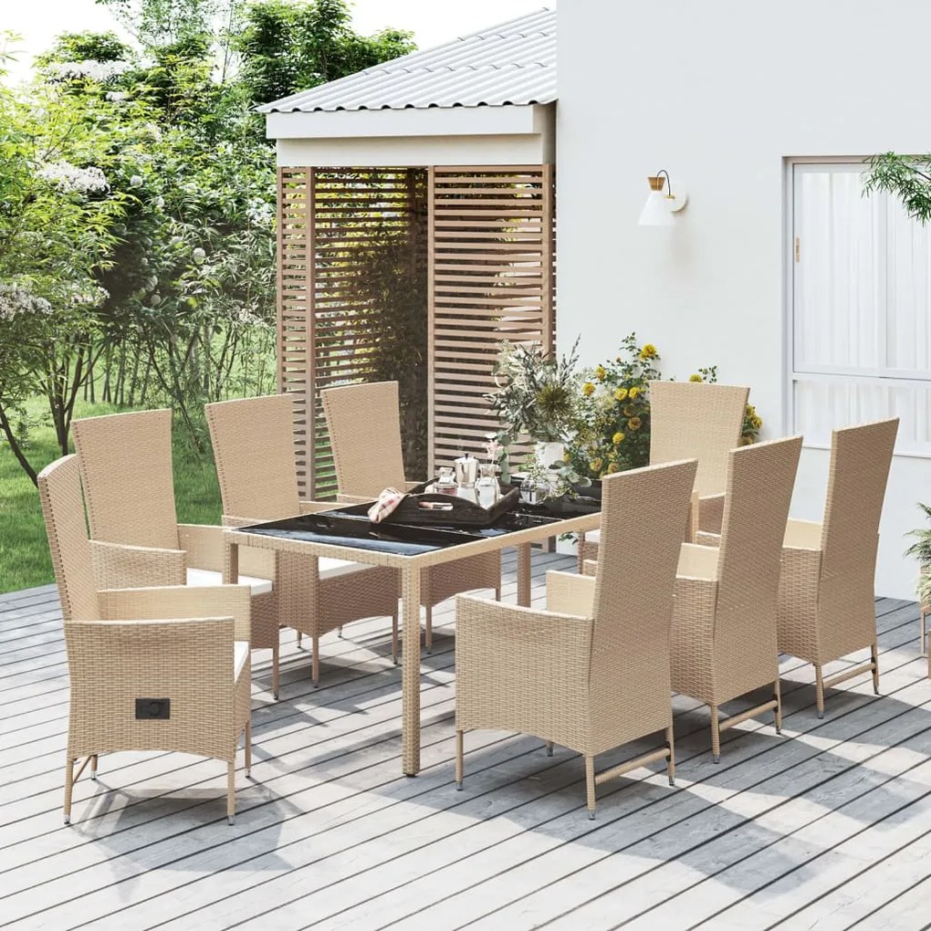 Set da pranzo da giardino 9 pz con cuscini beige in polyrattan