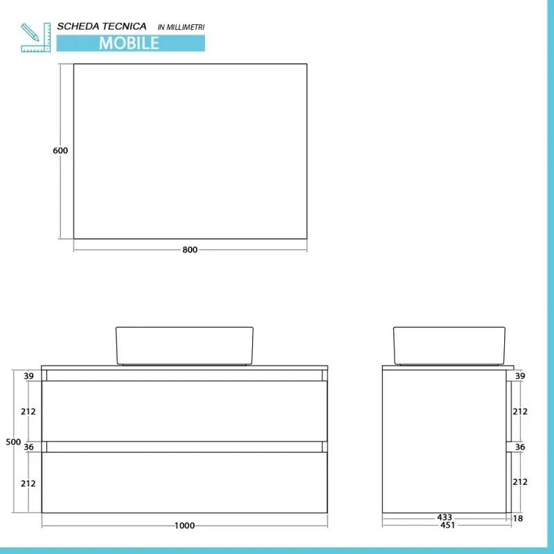 Mobile bagno sospeso 100 cm ossido e rovere con top lavabo e specchio Kleo