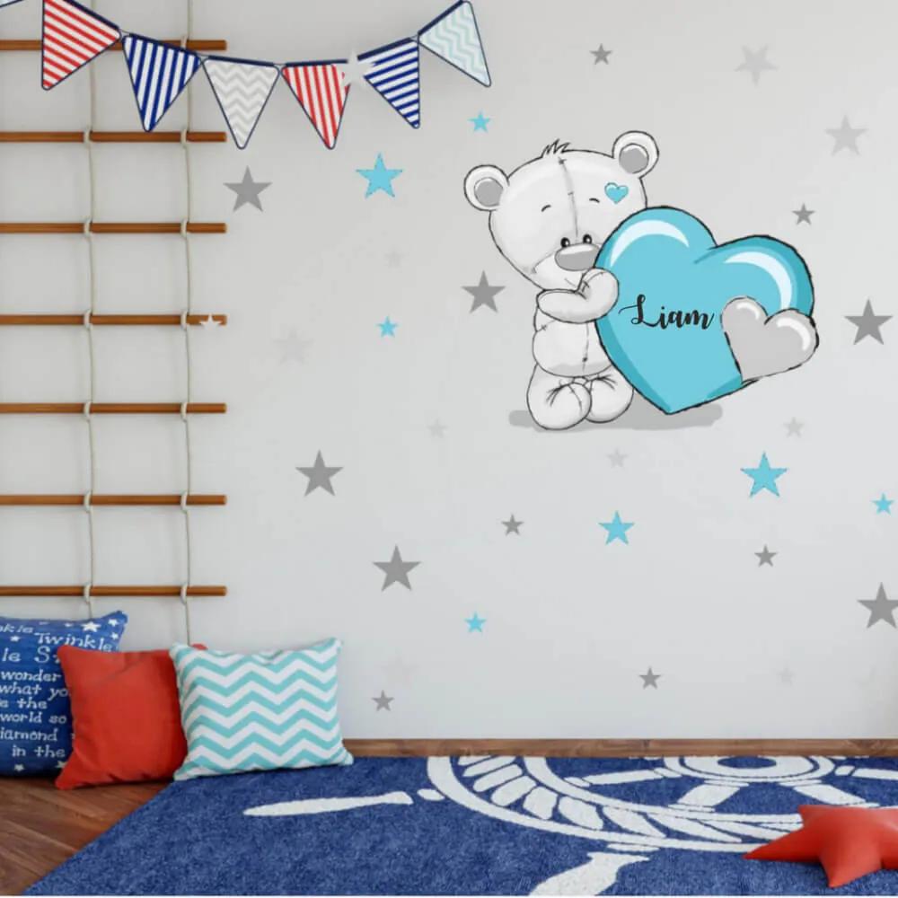 Adesivi da parete per bambini, orsetto blu con stelle e nome | Inspio
