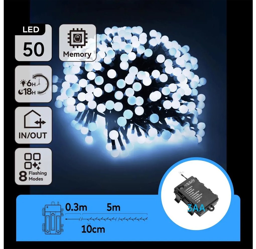 Aigostar -Catena LED natalizia da esterno 50xLED/8 funzioni 3xAA 5,3m IP44 bianco freddo