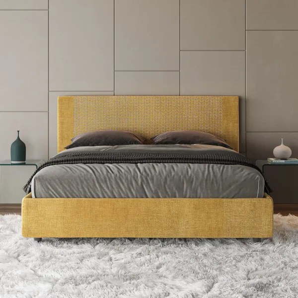 Letto matrimoniale contenitore imbottito 160x190 tessuto Labirinto 6 giallo Rosal