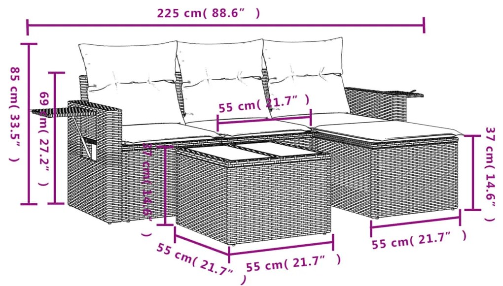 Set divano da giardino 4pz con cuscini grigio chiaro polyrattan