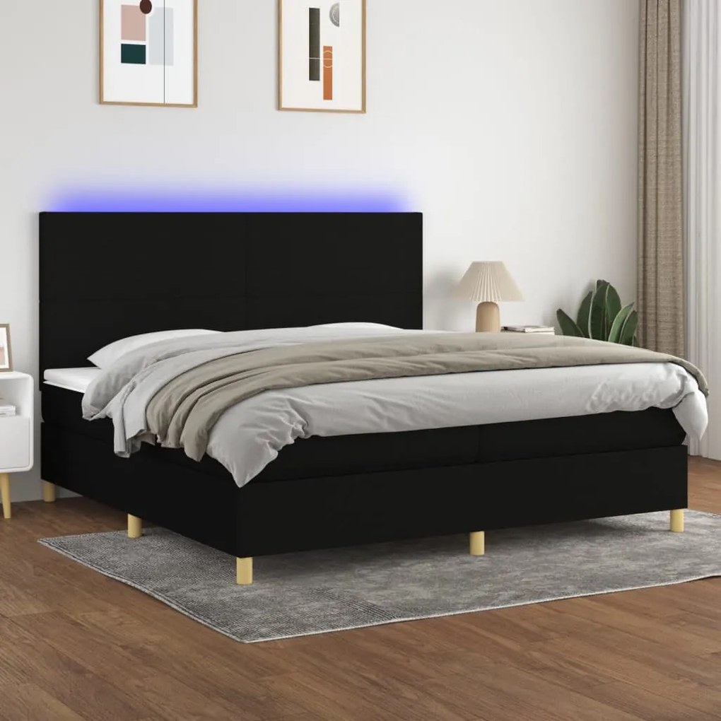 Letto a molle materasso e led nero 200x200cm in tessuto