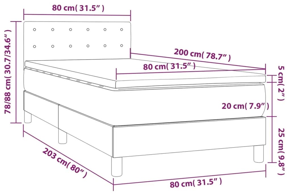 Letto a Molle con Materasso e LED Tortora 80x200 cm in Tessuto