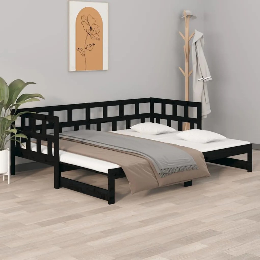 Dormeuse Estraibile Nera in Legno Massello di Pino 2x(90x200)cm