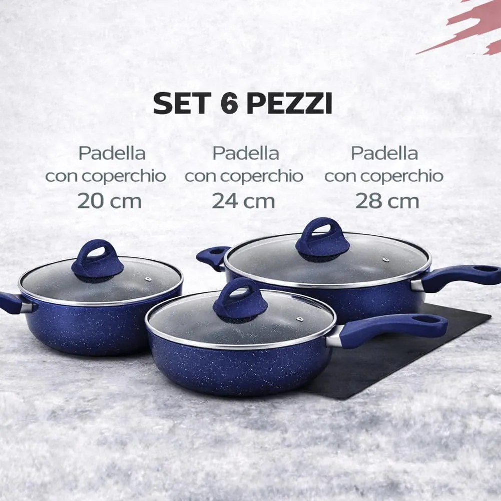 Set 6 Pezzi Padelle con Coperchio 20-24-28 cm in Alluminio Blu...