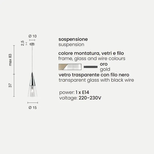 Lampada a sospensione TRENTO 15 cm con diffusore in vetro soffiato Oro