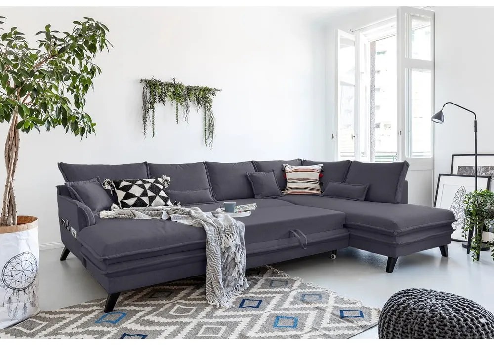 Divano letto a U antracite, angolo destro Charming Charlie - Miuform