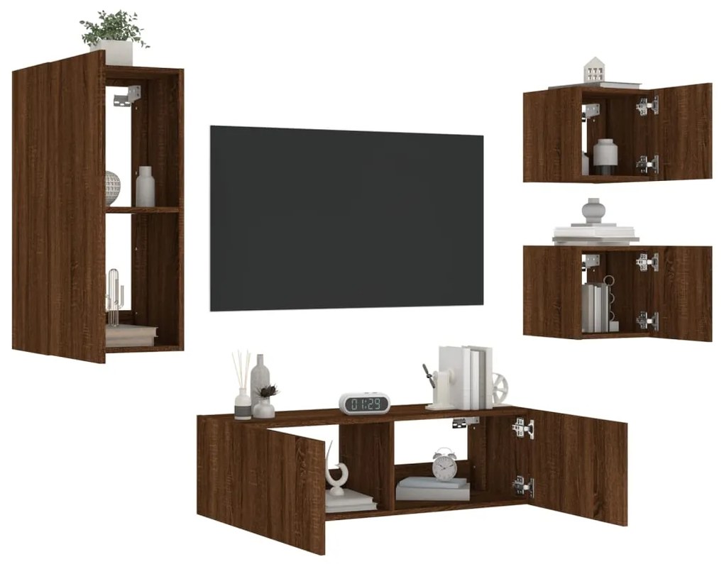 Mobili Tv A Muro 4pz Con Luci Led Rovere Marrone /