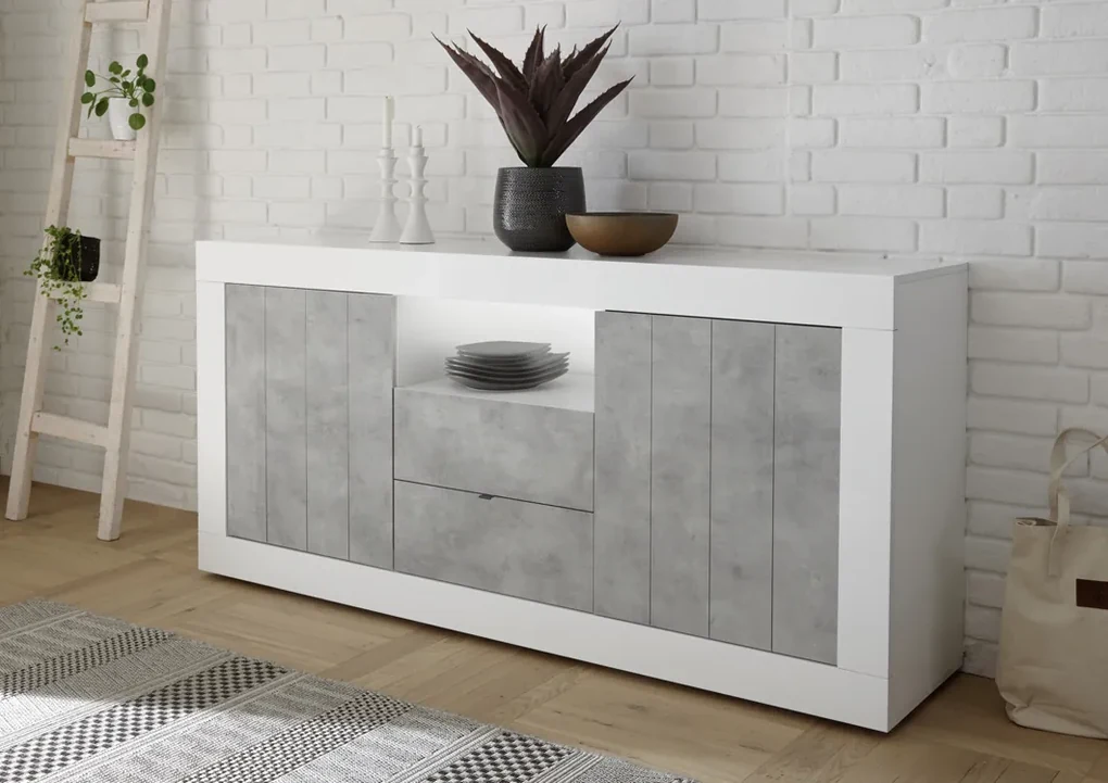 Credenza Mobile Contenitore con Ante e Cassetti Larice Bianco e Cemento