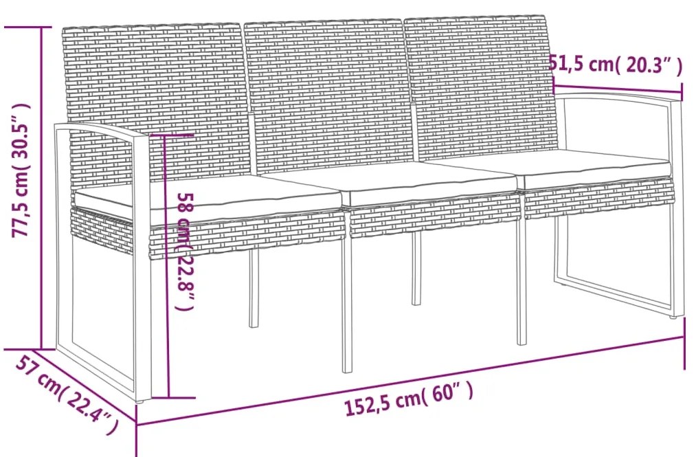 Panca da Giardino a 3 Posti con Cuscini in Rattan PP Nero