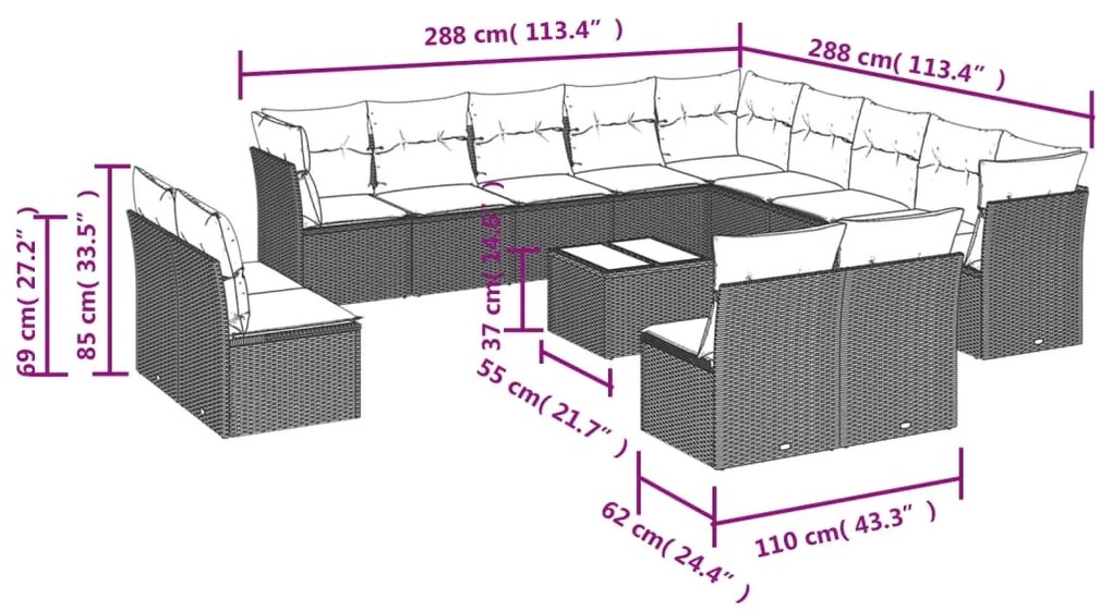 Set divani da giardino 14pz con cuscini in polyrattan beige