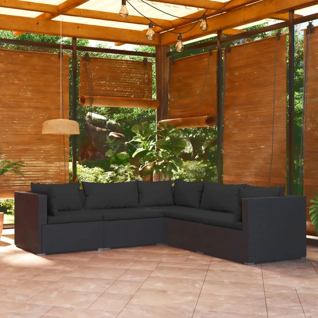 Set divani da giardino 5 pz con cuscini in polyrattan nero