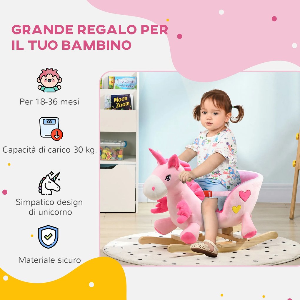 Unicorno a Dondolo Cavalcabile Peluche con 32 Canzoni 65x35x45 cm con Cintura di Sicurezza Rosa...