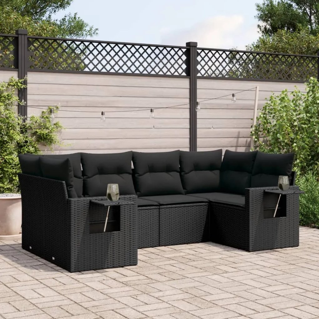 Set divano da giardino 6 pz con cuscini nero in polyrattan