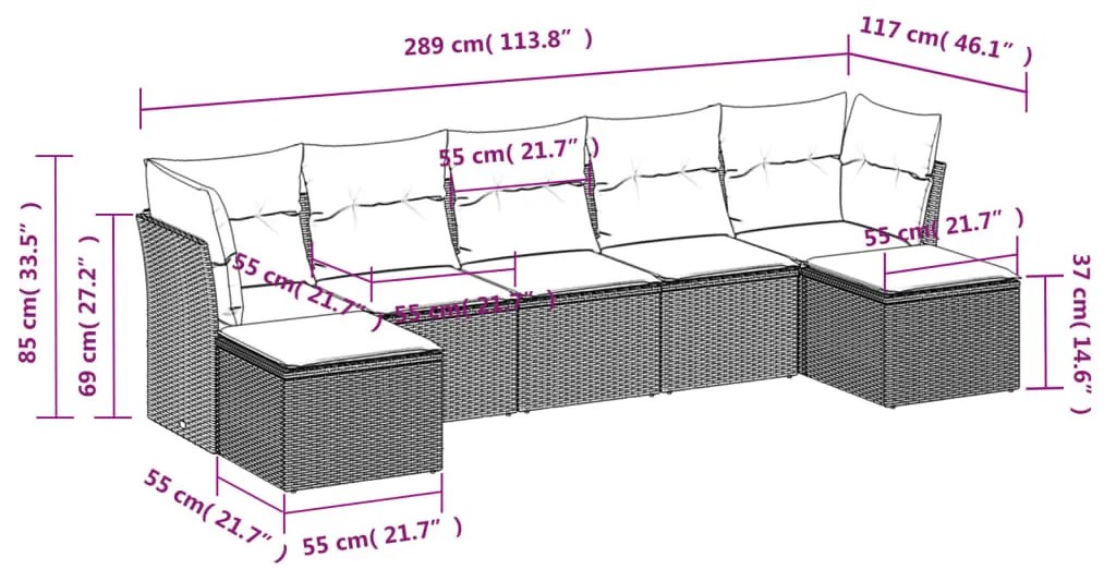 Set divani da giardino 7pz con cuscini grigio chiaro polyrattan