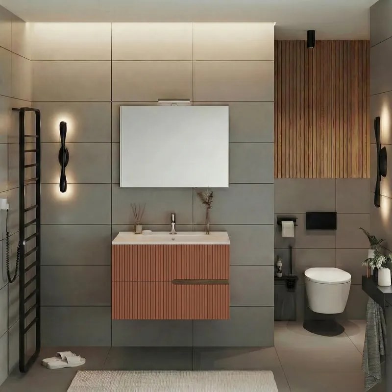 Mobile bagno Eva 80 cm, completo di lavabo in ceramica e specchio a filo con Led, 2 cassetti rovere moka e mattone cannettato.