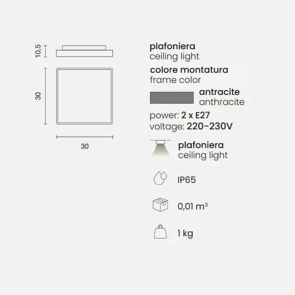 Plafoniera per esterni 30x30 cm in Abs Antracite PICCA