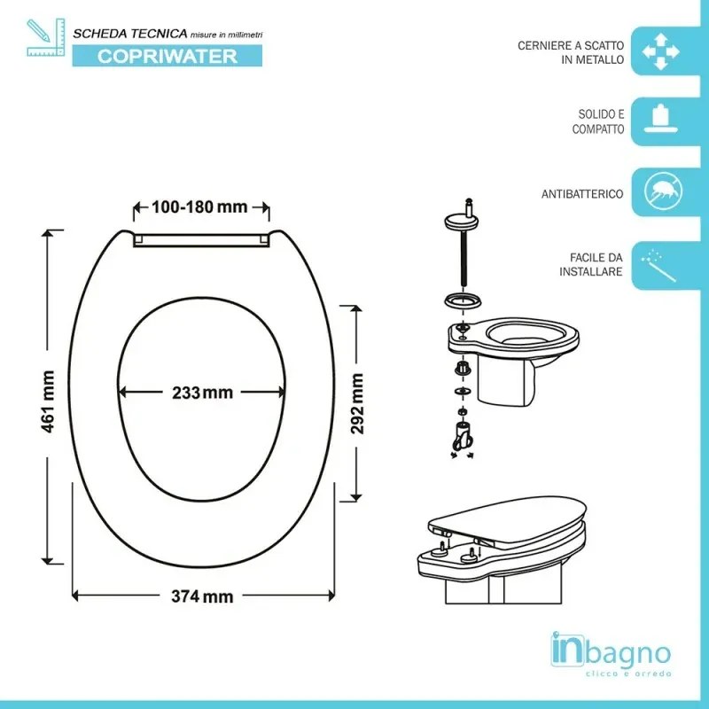 Copriwater universale in termoindurente soft-close e sgancio rapido