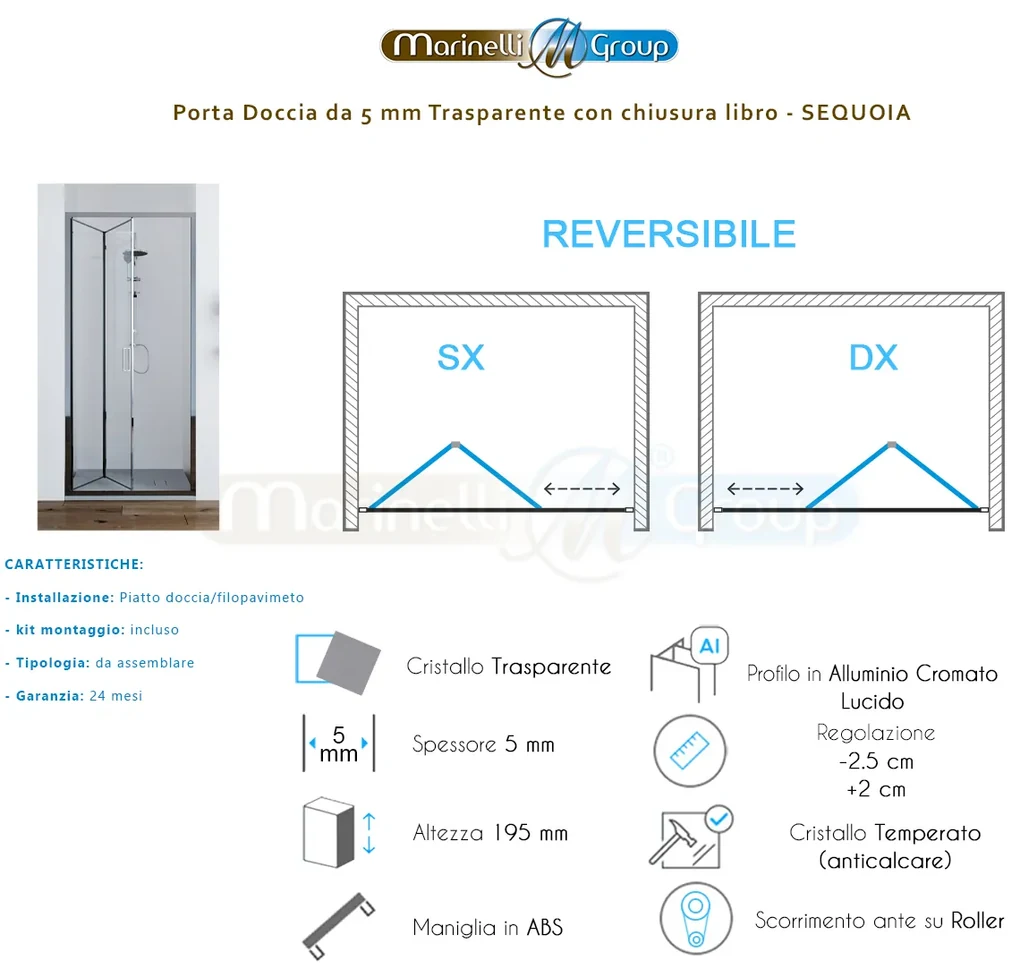 Porta doccia da 110 cm trasparente apertura a libro per nicchia Sequoia