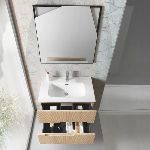 Mobile sospeso bagno 70 cm con lavabo e specchio LED Rovere Chiaro - RIGHE