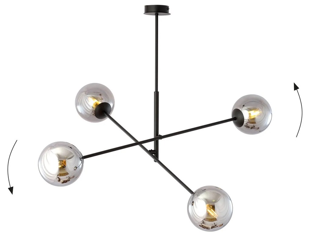 Lampadario 4 Luci Linear In Acciao Nero Con Bracci Regolabili E Vetro Fumè