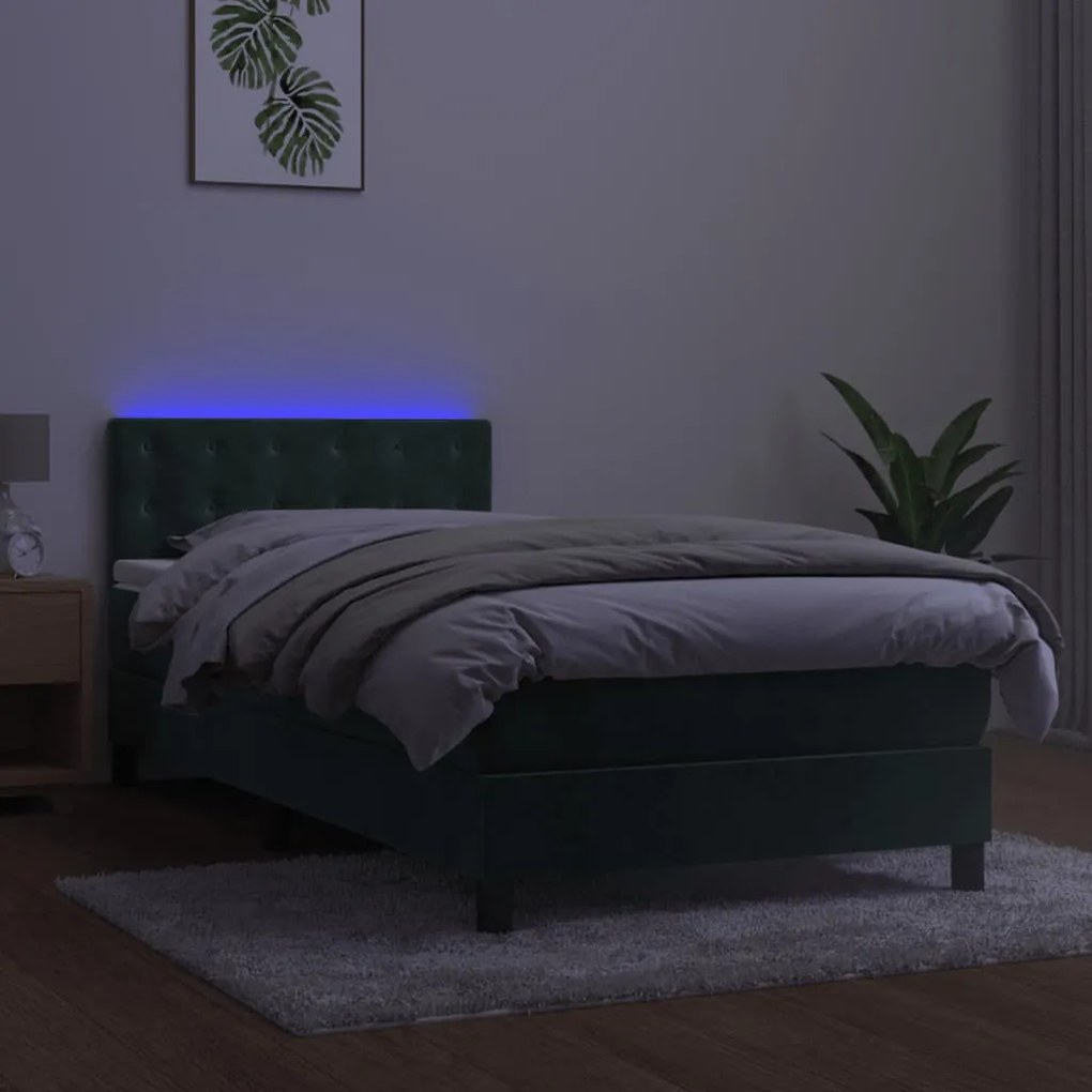 Letto a molle con materasso e led verde scuro 90x190 cm velluto