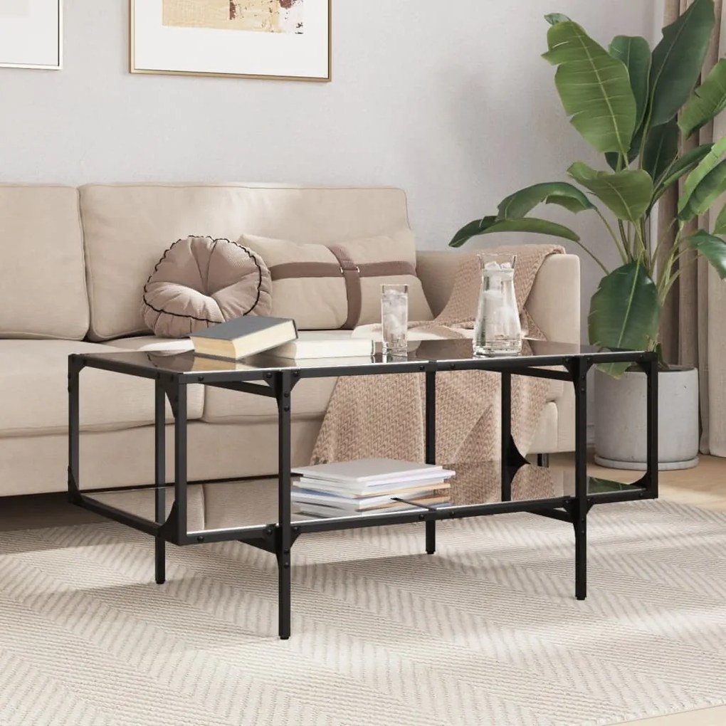Tavolino Con Piano İn Vetro Nero 98,5x50x45 Cm Acciaio /