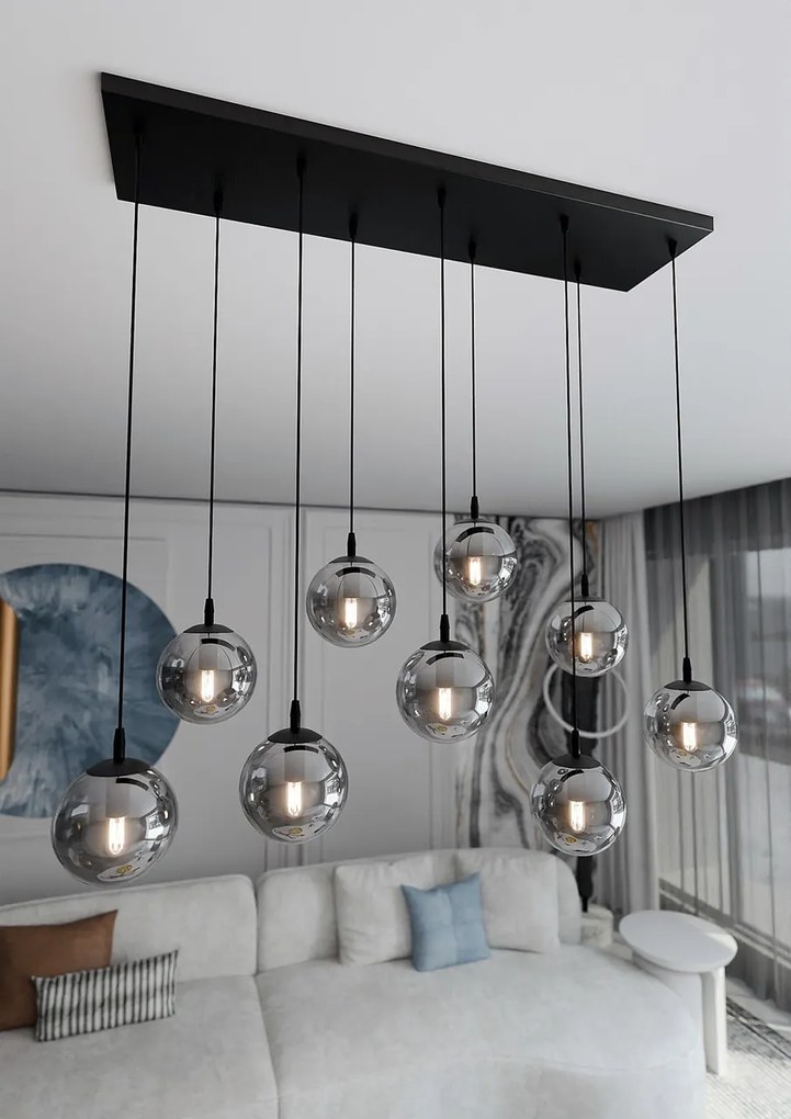Lampadario a Sospensione in Acciaio e Vetro COSMO 9 Nero 9xE14