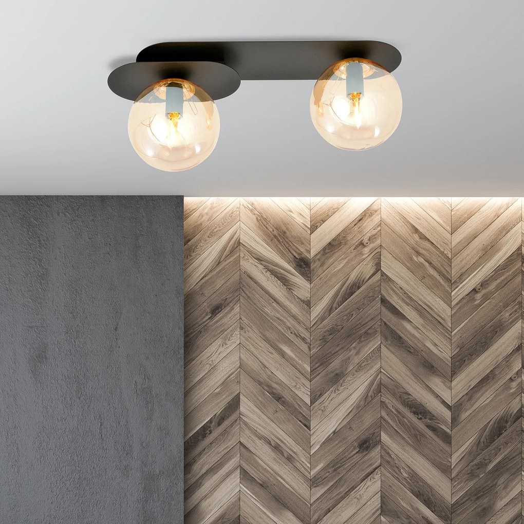 Plafoniera Minimal 2 Luci Teia In Acciaio Nero E Sfere Vetro Ambra
