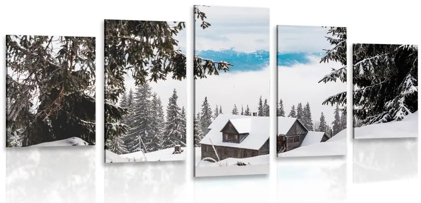 Quadri 5 pezzi – Casetta di legno tra pini innevati