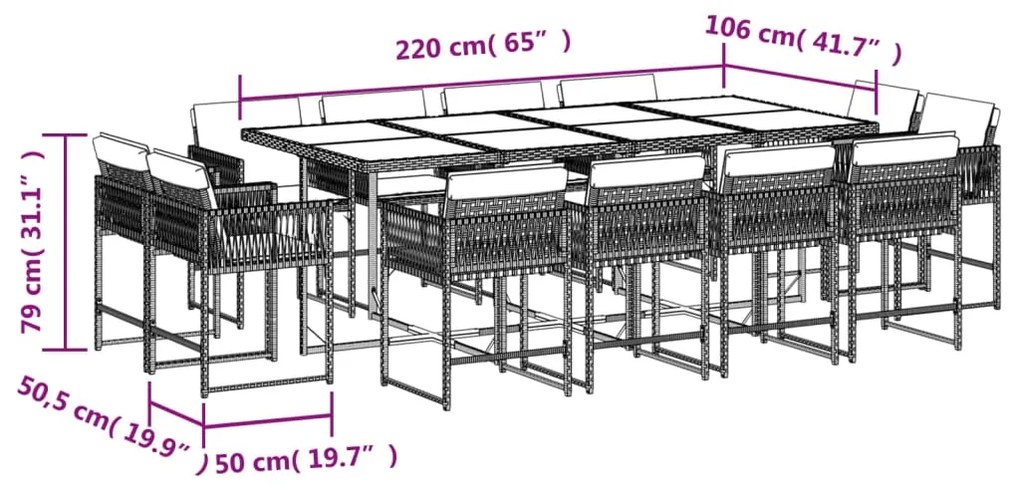 Set da pranzo da giardino 13pz con cuscini grigio in polyrattan