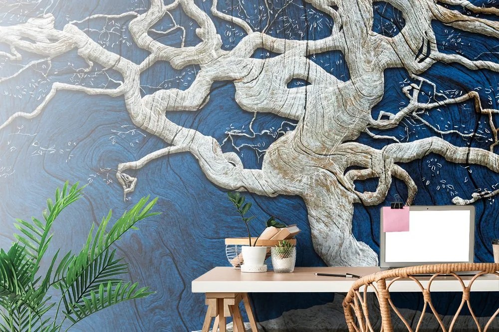 Carta da parati – Albero Astratto su Legno con Contrasto Blu