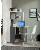 Scrivania Dcallejo, Mobile ad angolo con scaffali e piano da lavoro, Tavolo multiuso per ufficio, Scrivania salvaspazio, 100% Made in Italy, cm 70x57h140, Bianco e Ardesia