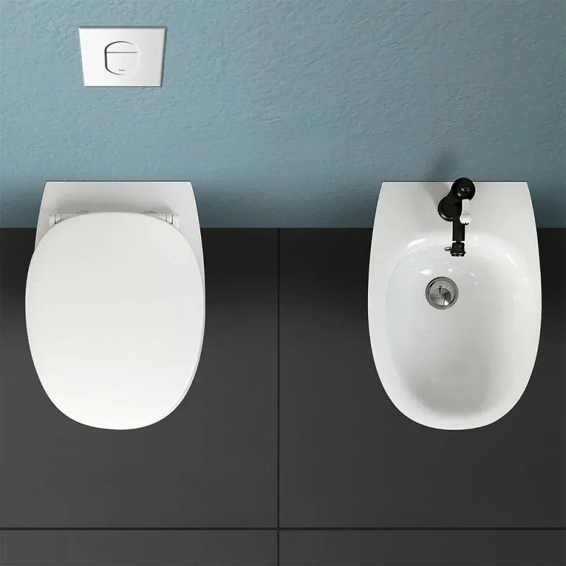 Sanitari filomuro Rimless Morning scarico universale e sedile soft-close