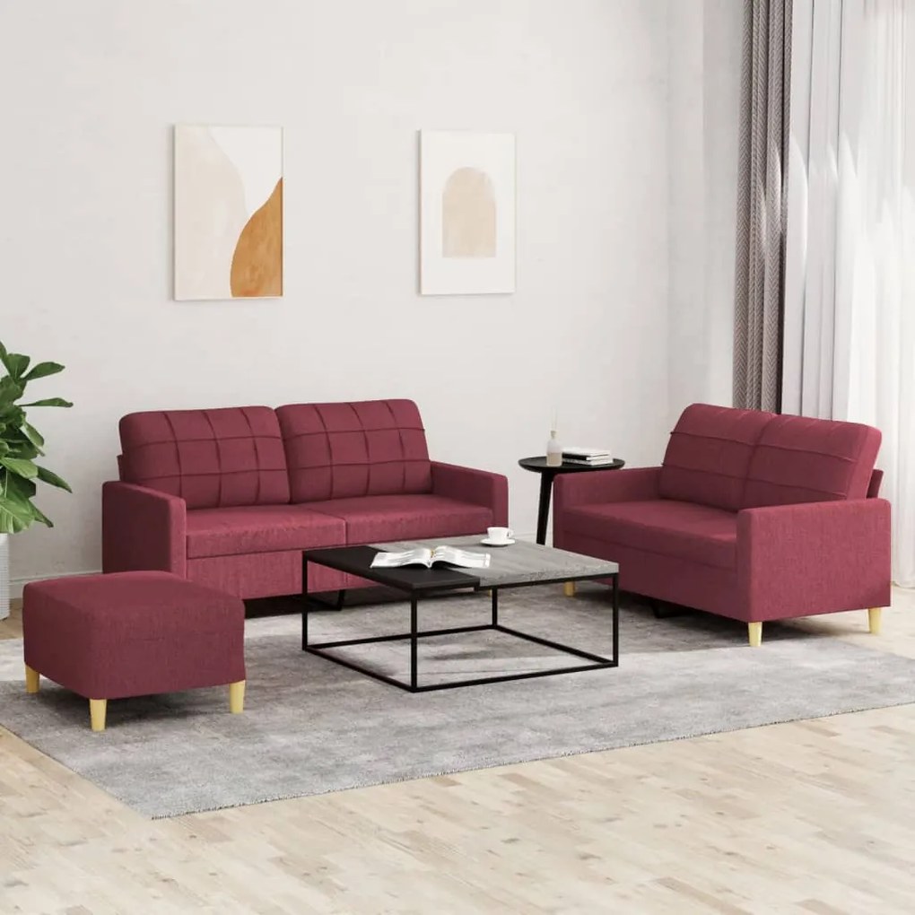 Set Di Divani 3 Pz Con Cuscini Rosso Vino İn Tessuto /